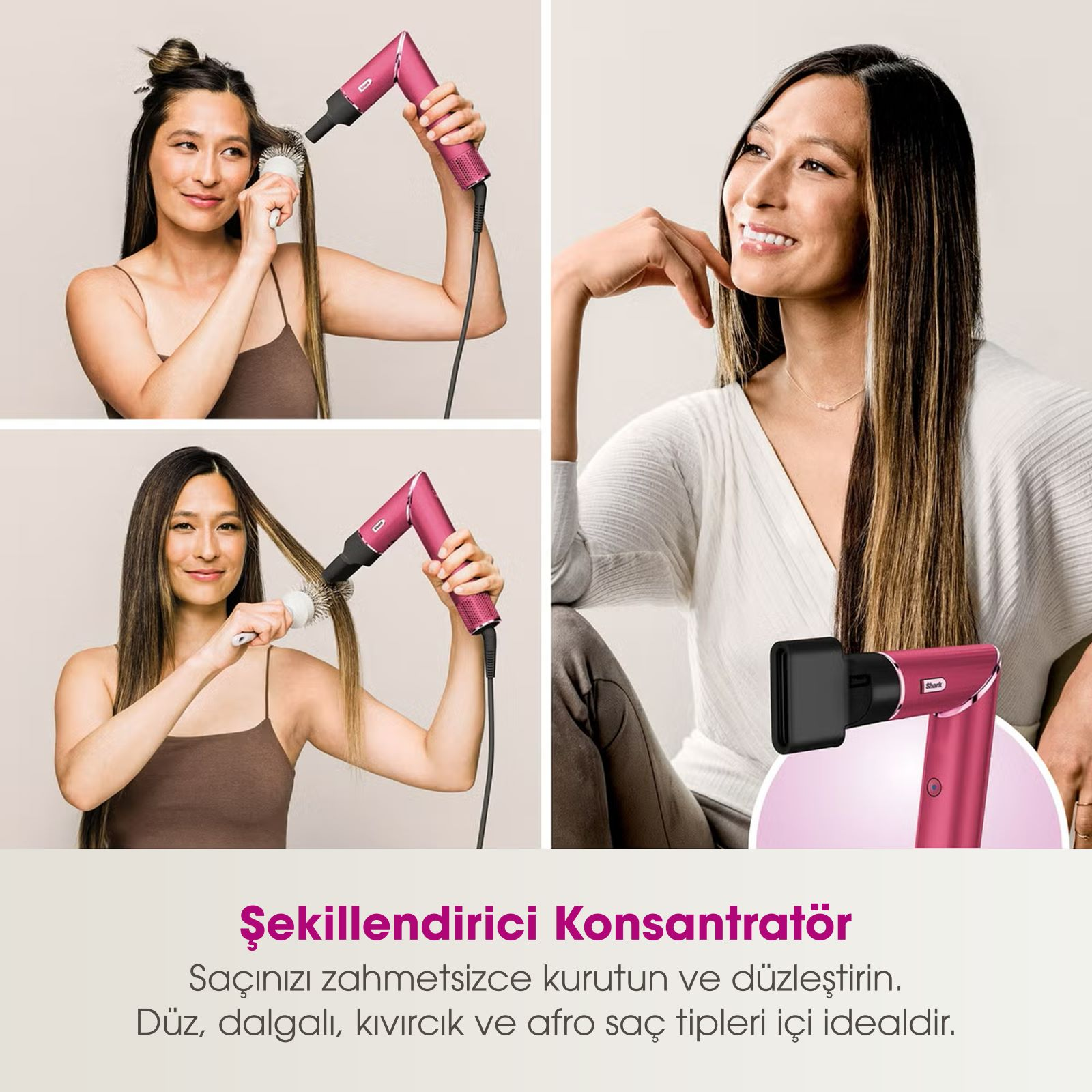 Bir kadın saçına şekillendirici kullanıyor. Şekillendirici pembe. Üç resim kadının saçını şekillendirmesini gösteriyor.