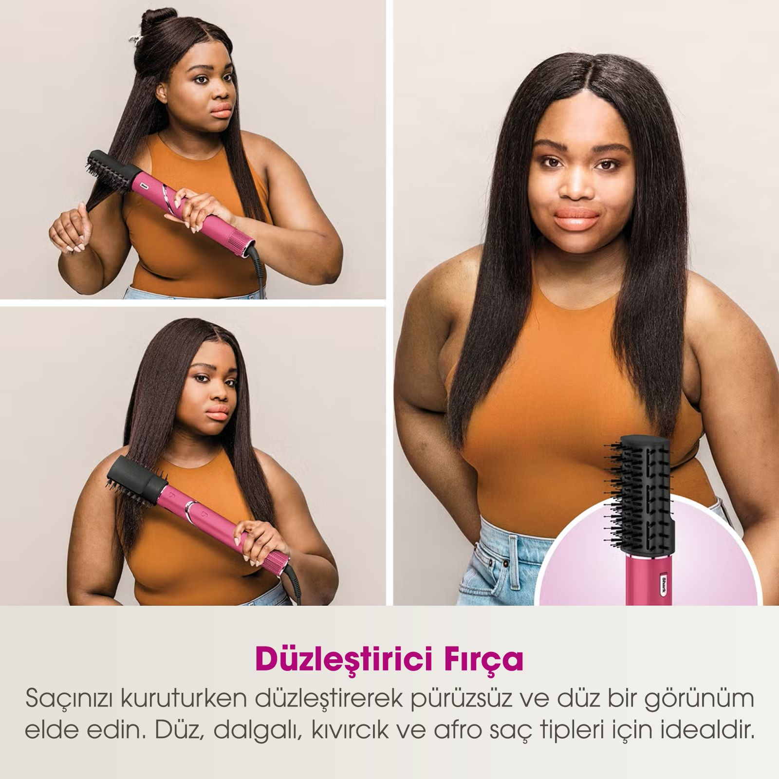 Pembe ve siyah saç düzleştirici fırça kullanan bir kadın.