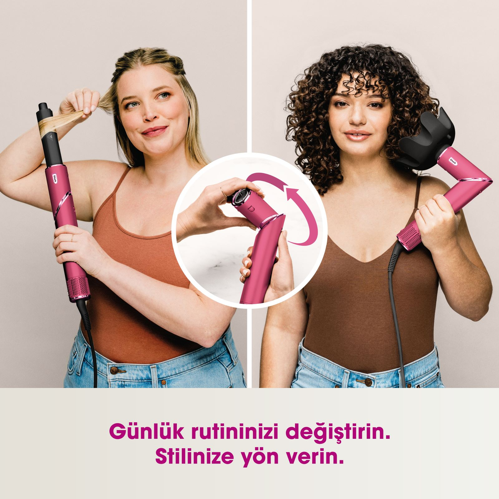 İki kadın bir saç şekillendirme aleti kullanıyor. Biri saçını düzleştiriyor, diğeri kıvırıyor. Alet pembe.