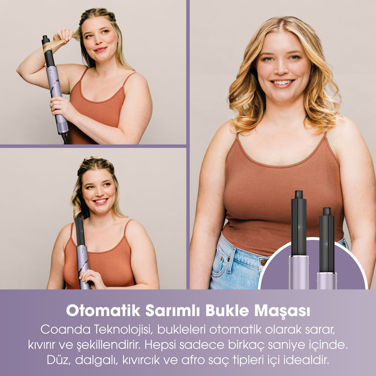 Bir kadın maşa kullanıyor. Saçını şekillendirirken çekilmiş üç fotoğraf var. Maşa pembe.