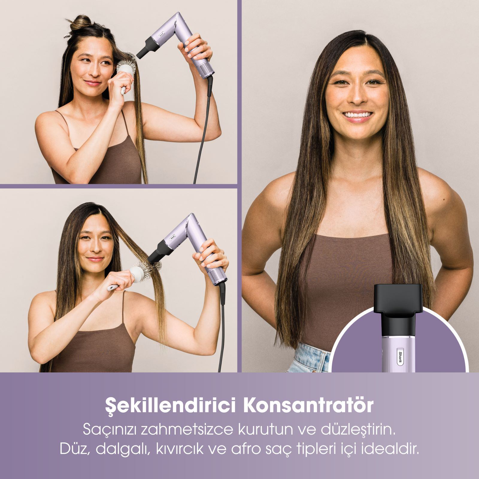 Kadın, farklı saç kurutma tekniklerini gösteren üç görüntü ile bir saç kurutma makinesi kullanıyor.