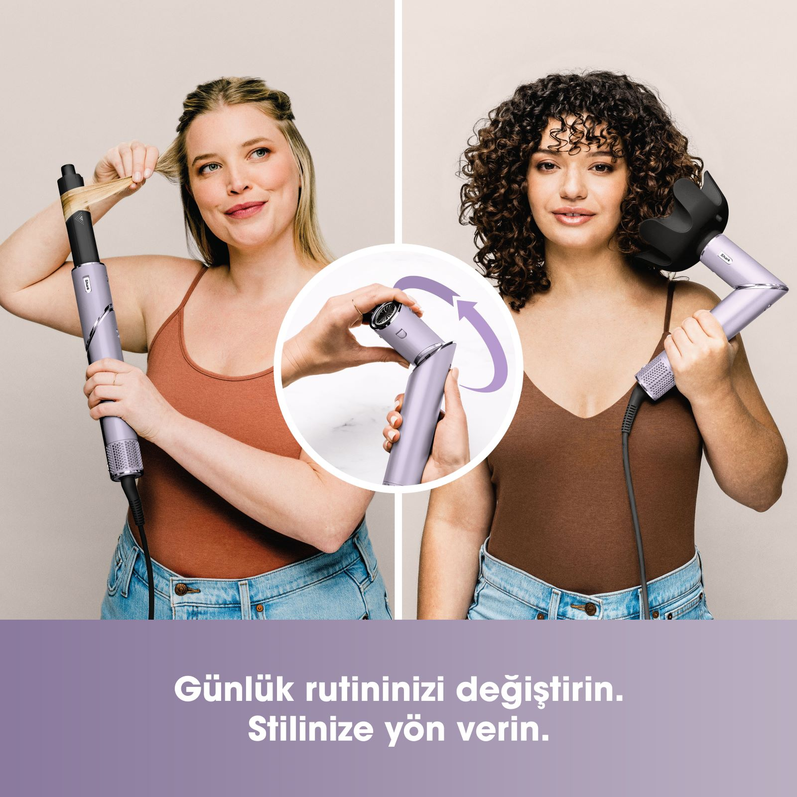 İki kadın, saçlarını maşa ve bigudi ile şekillendiriyor.