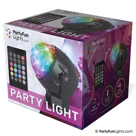 Eine Party-Light-Box mit Fernbedienung und einer Discokugel.