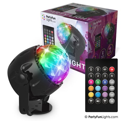 Schwarzes Partylicht. Ein regenbogenfarbenes Licht aus der Kugel, mit Fernbedienung und Box.