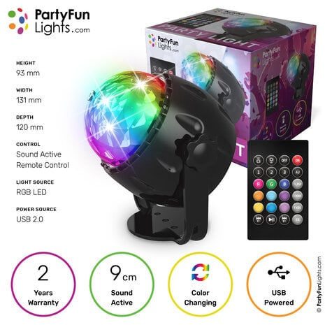 Partylampe mit Discokugel, Fernbedienung und Box. Text: PartyFunLights.com, Farben.