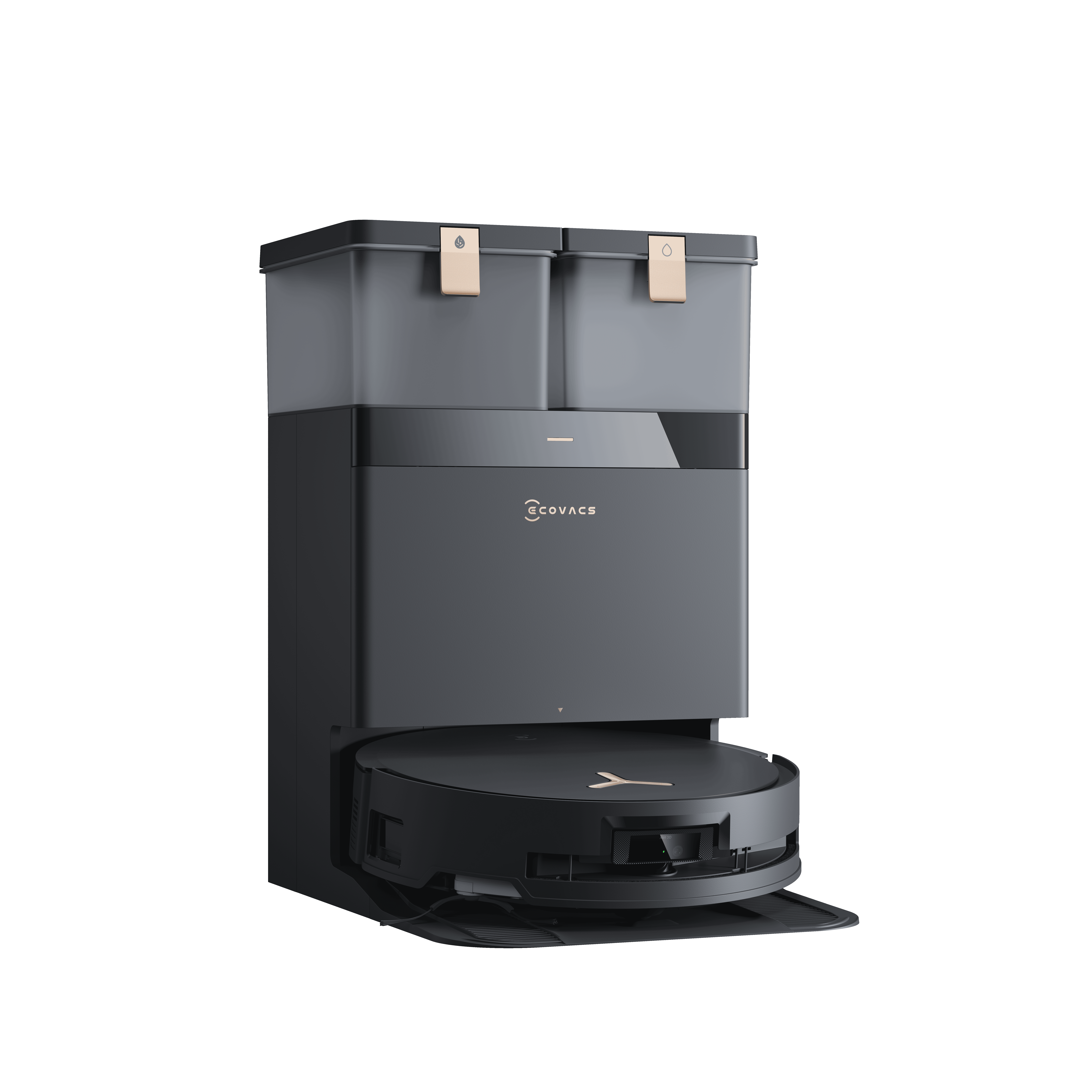 Koyu gri bir robot süpürge ve bir şarj tabanı.