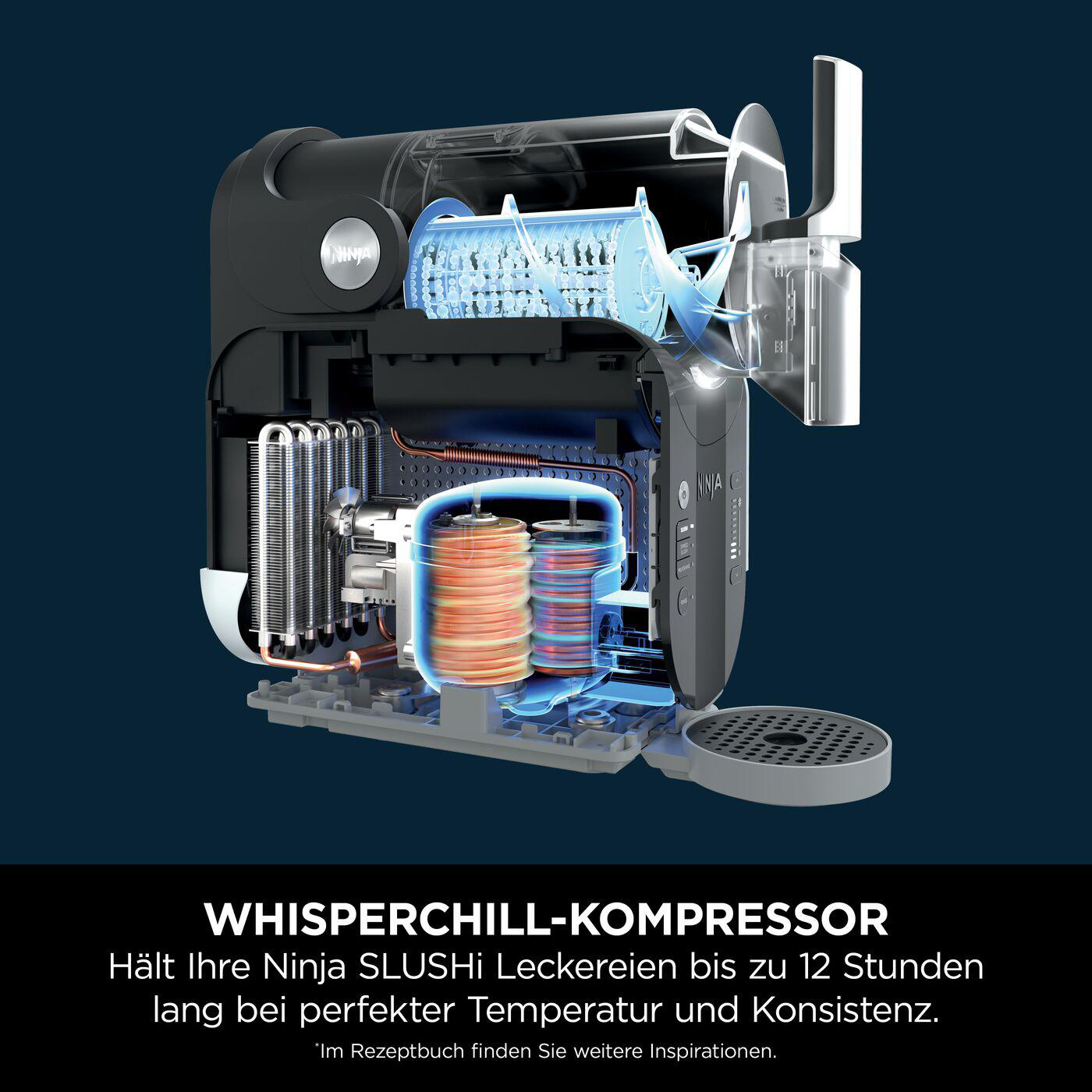 Aufgeschnittene Ninja Slush-Maschine. Zeigt interne Komponenten, Eisblock und Maschinendetails.
