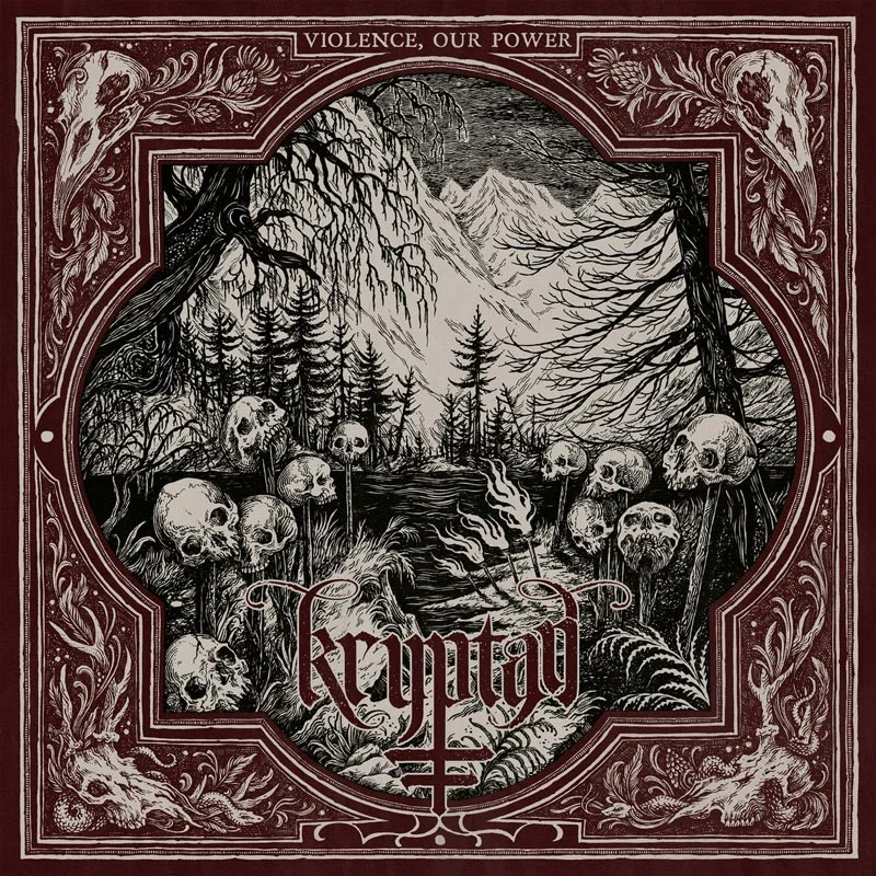 Album borító koponyákkal, fákkal és hegyekkel, sötét, stilizált illusztrációban.