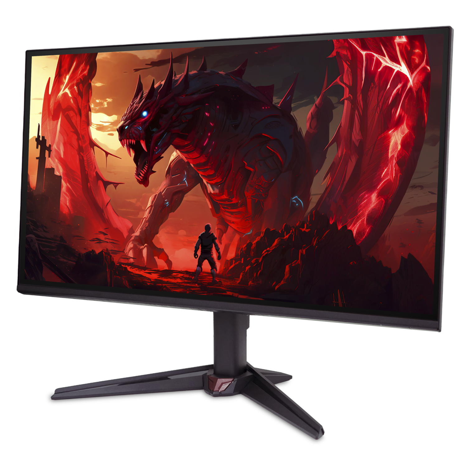 Gebogen monitor met een draak en een mens.