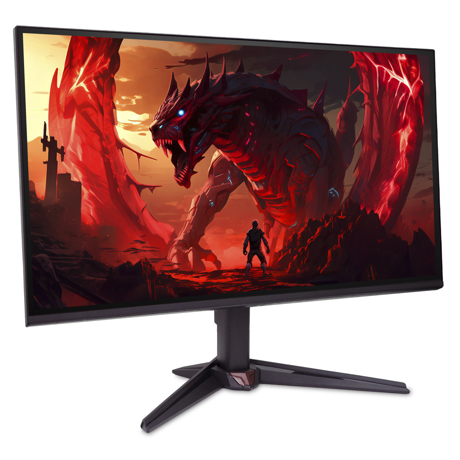 Gamingmonitor toont een rode draak en een figuur ervoor. Zwarte monitor, zwarte standaard, donkere achtergrond.