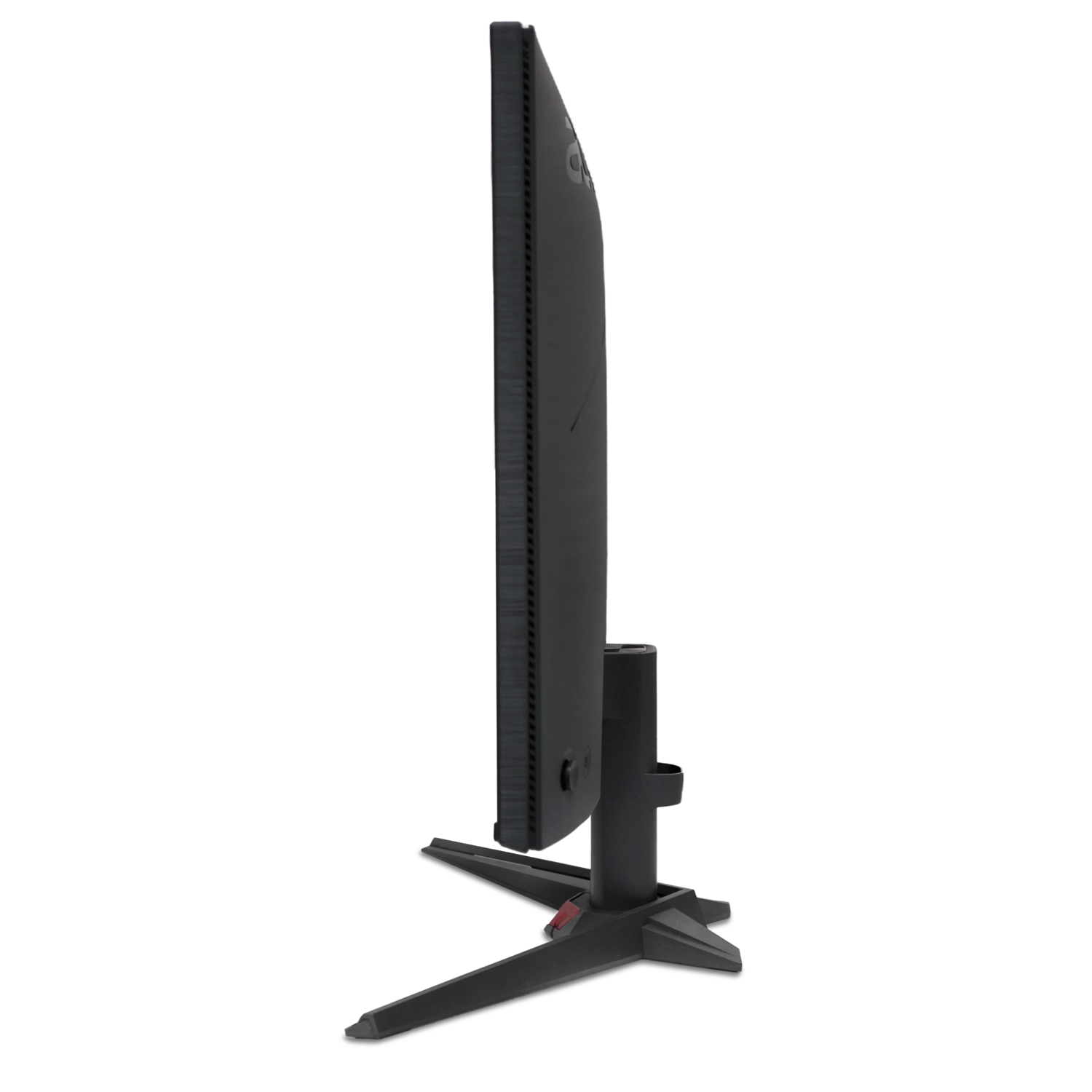 Een zijaanzicht van een zwarte computermonitor met een zwarte standaard.