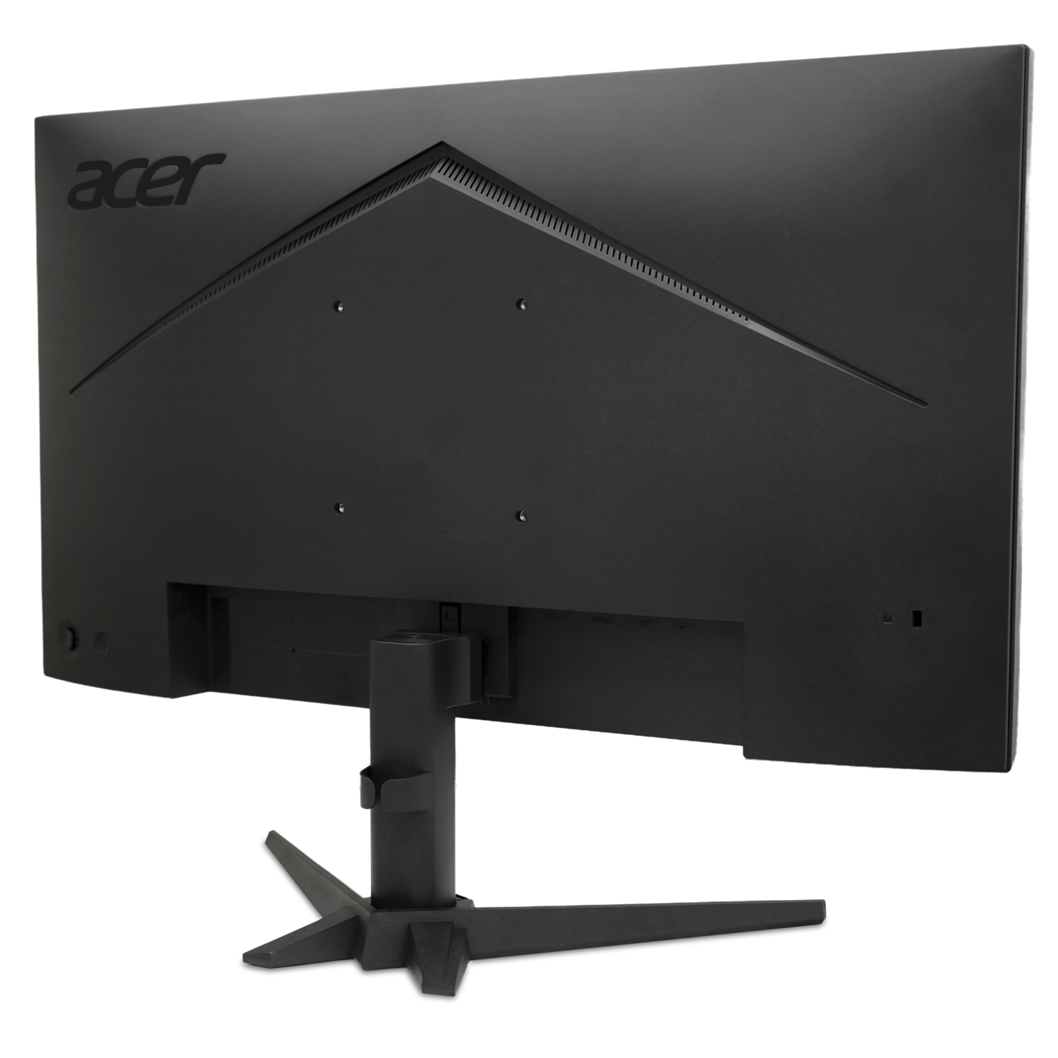 Achteraanzicht van een zwarte Acer monitor met standaard en poorten zichtbaar.