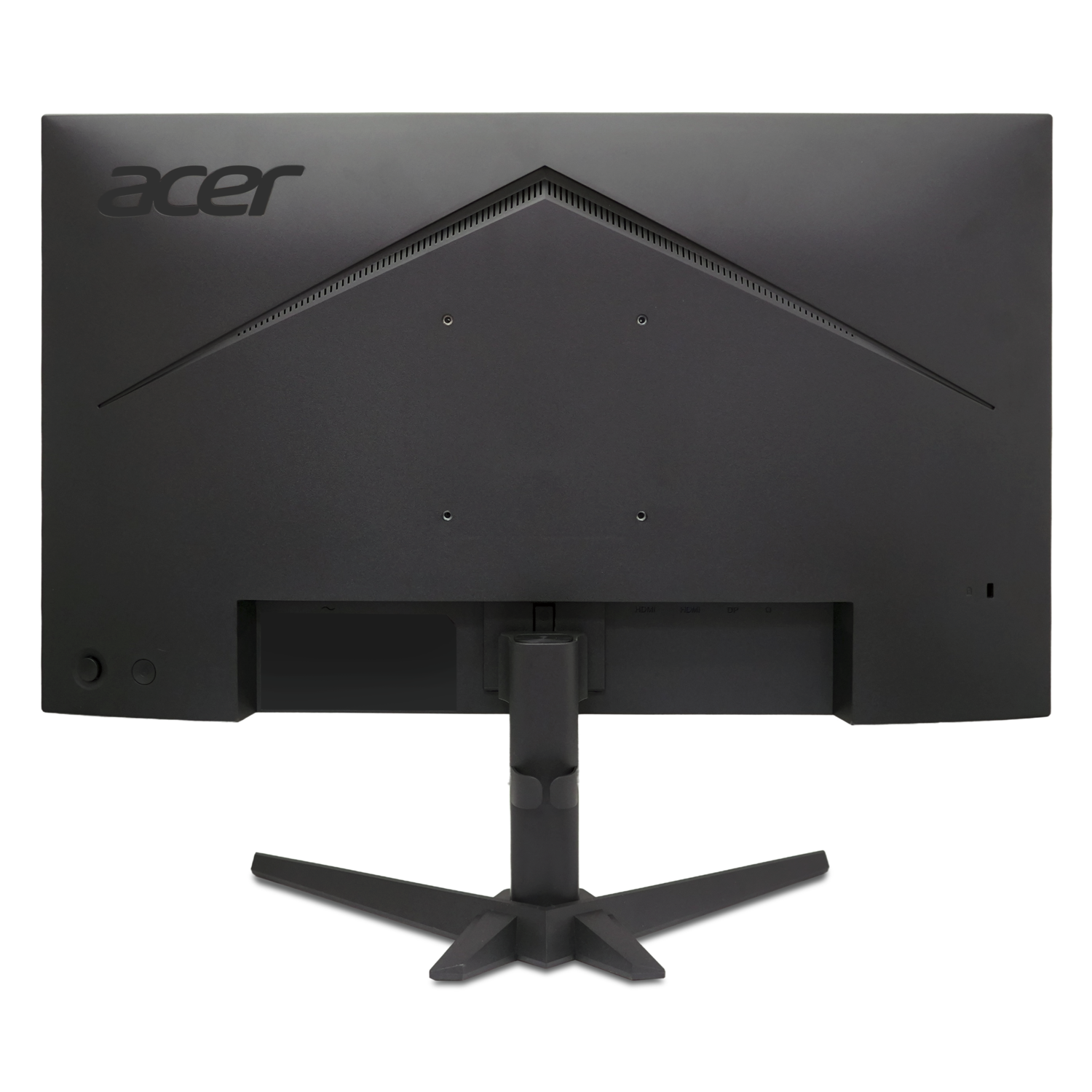 Achterkant van een zwarte Acer monitor. Het heeft een standaard en poorten.