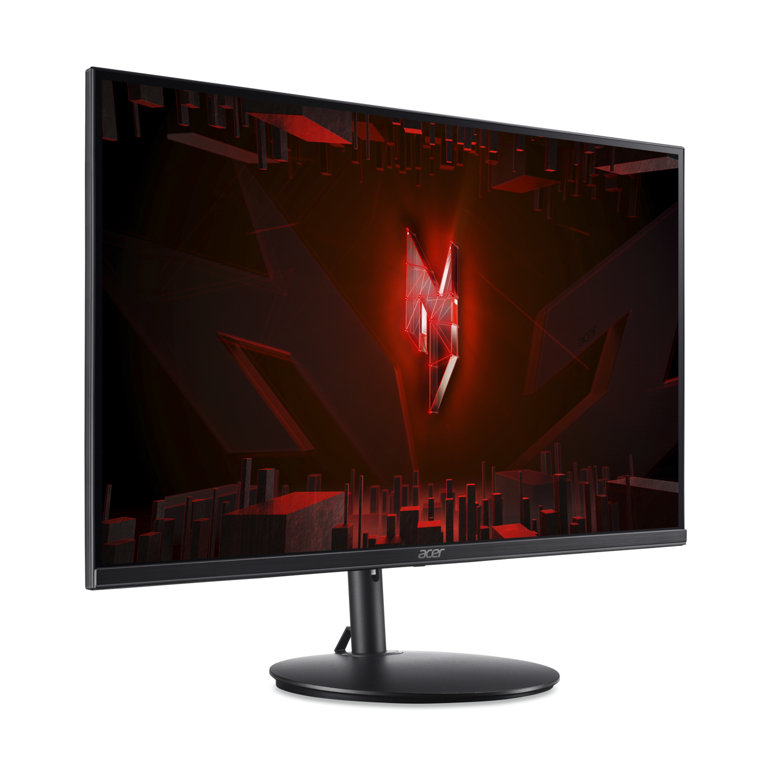 Black monitor with red Predator logo on the screen, black stand, and black background.