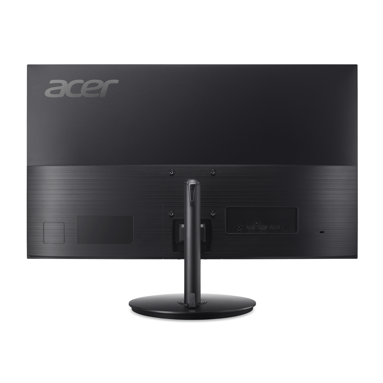 Back of a black Acer monitor with ports and Acer logo on a black background.