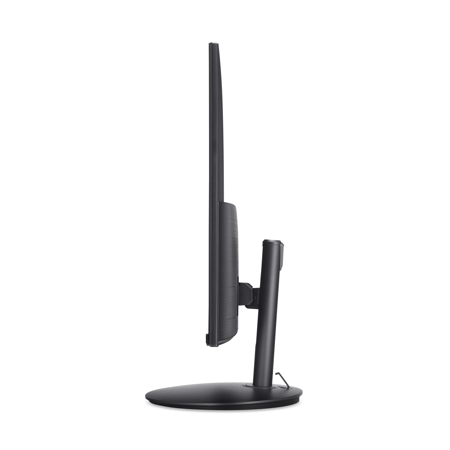 Side view of a black computer monitor with a stand, placed on a black background.