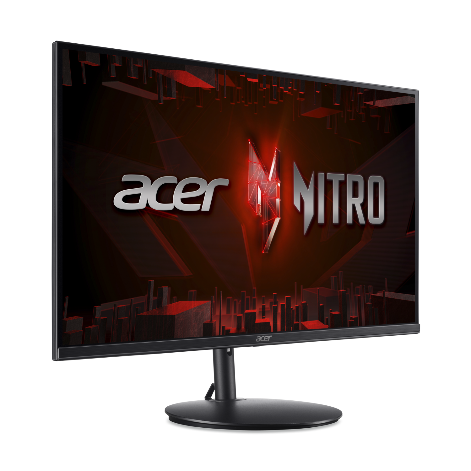 Acer Nitro monitor with a red and silver logo on a dark background with a black stand.