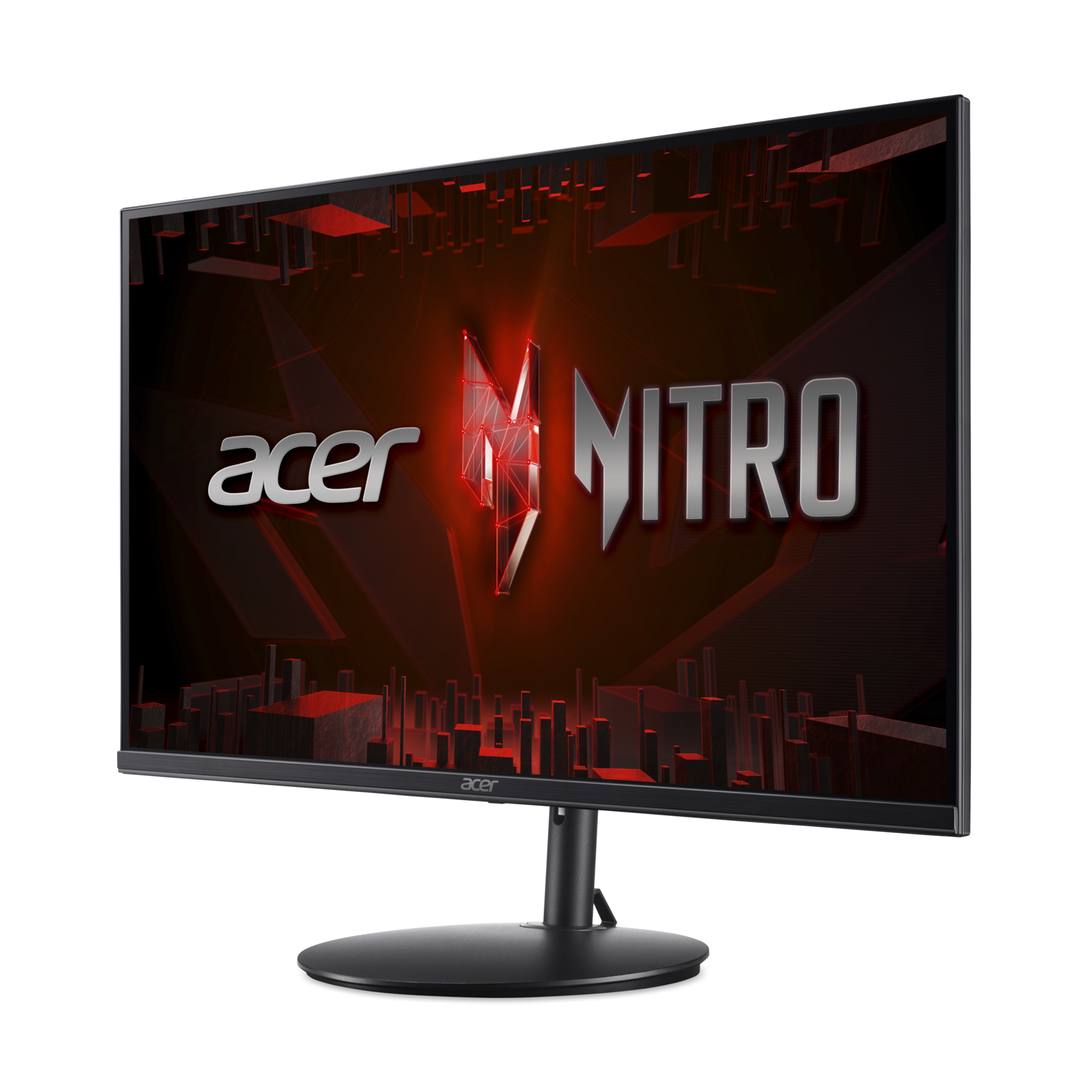 Acer Nitro monitor with a red and silver logo on a dark background with a black stand.