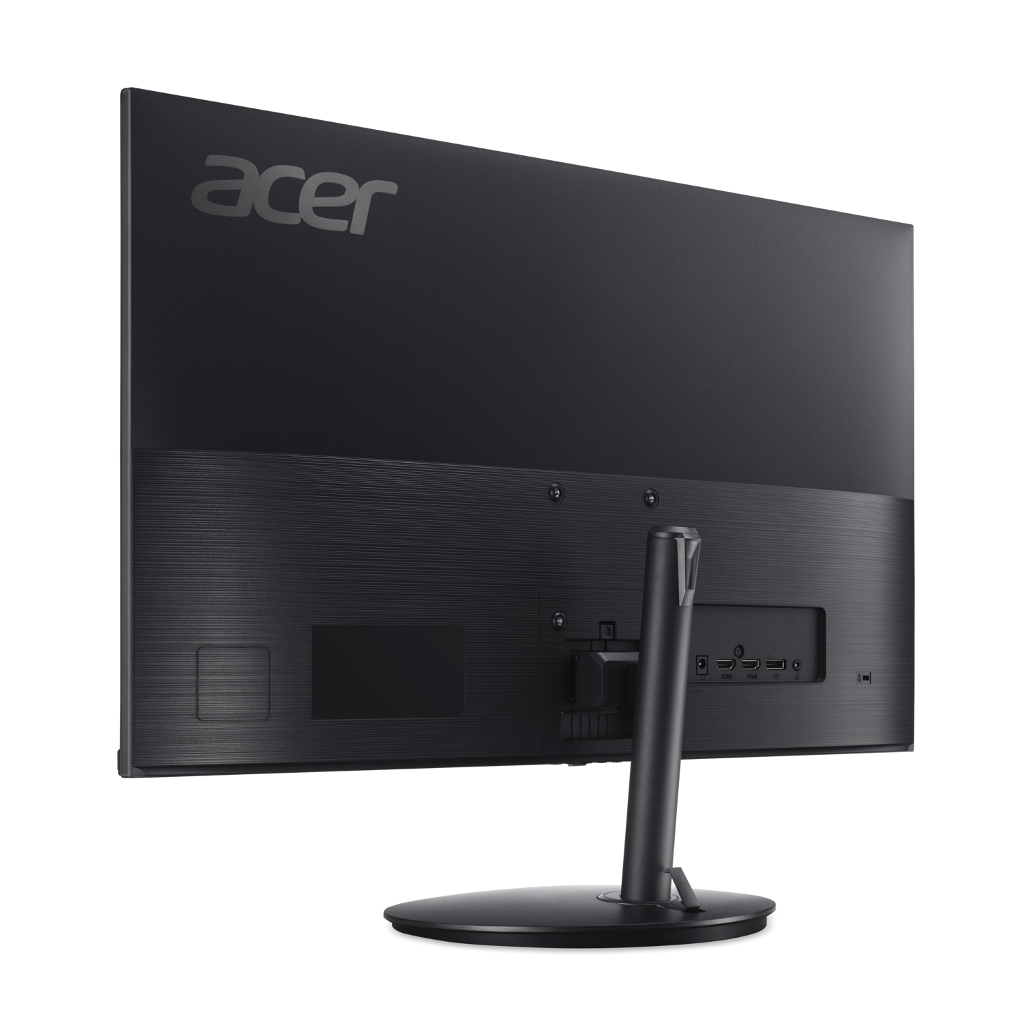 Back of a black Acer monitor with ports and a stand.
