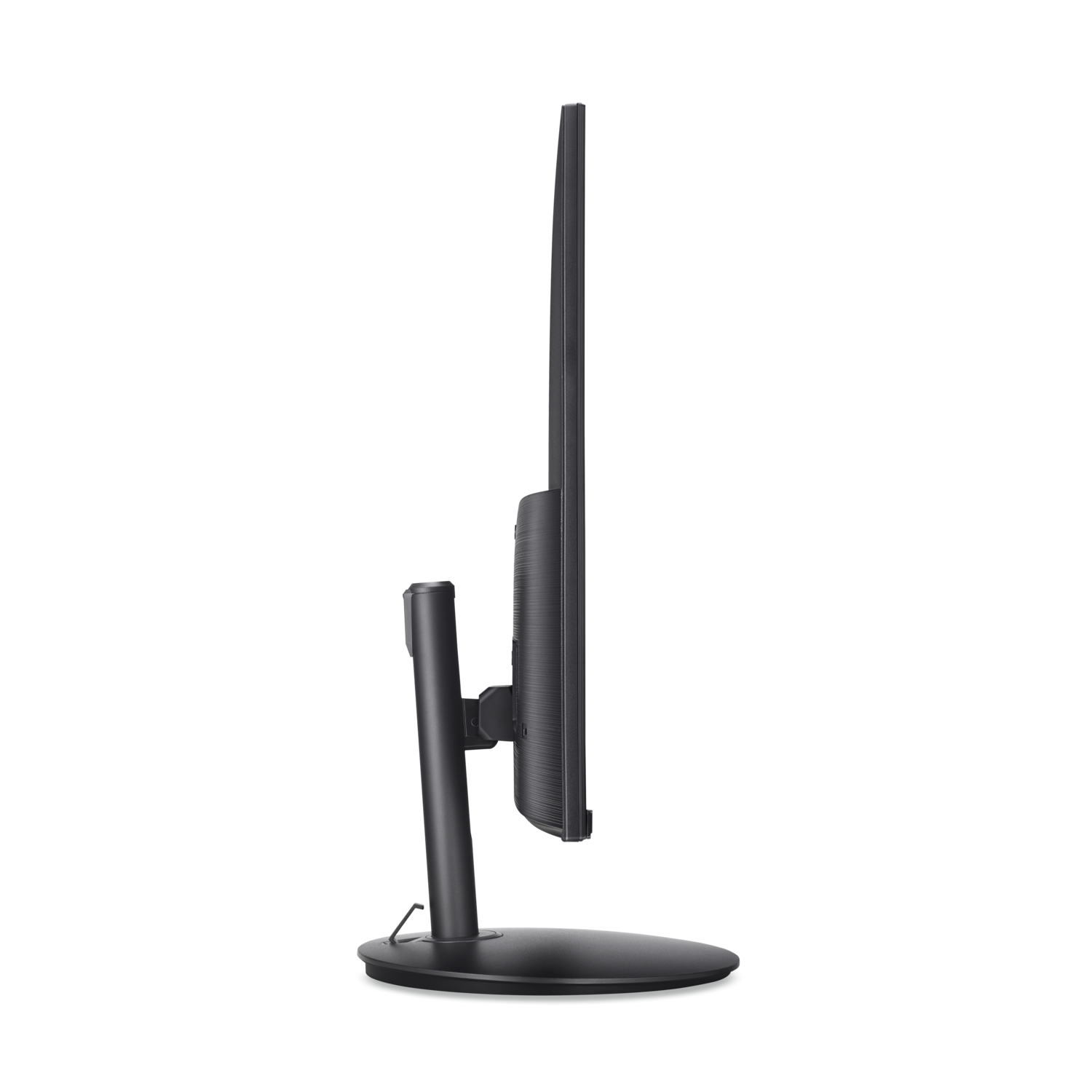 Side view of a black monitor with a black stand on a black surface.