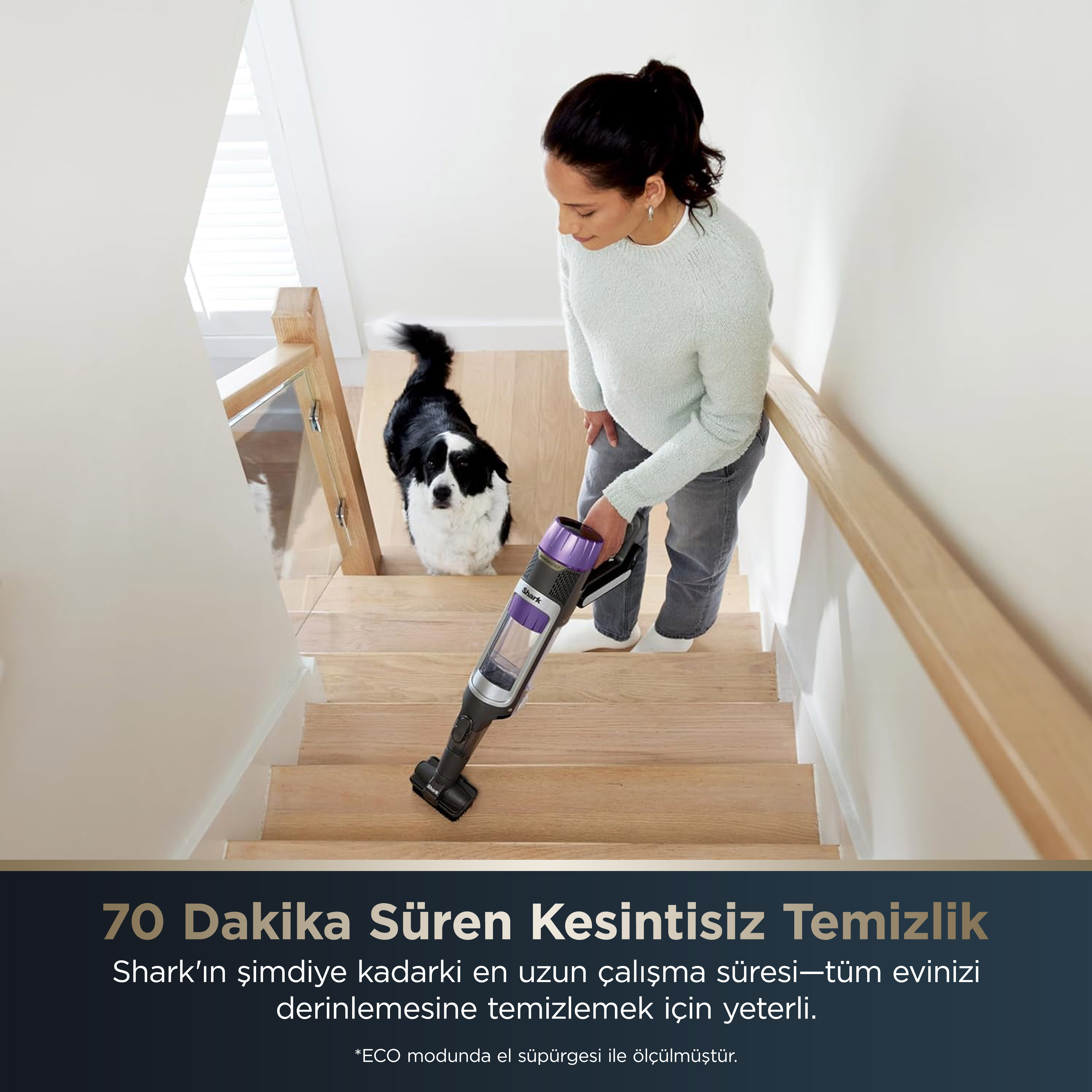 Merdivenleri süpüren kadın, yakınında köpek, 70 dakikalık temizlikle ilgili metin.
