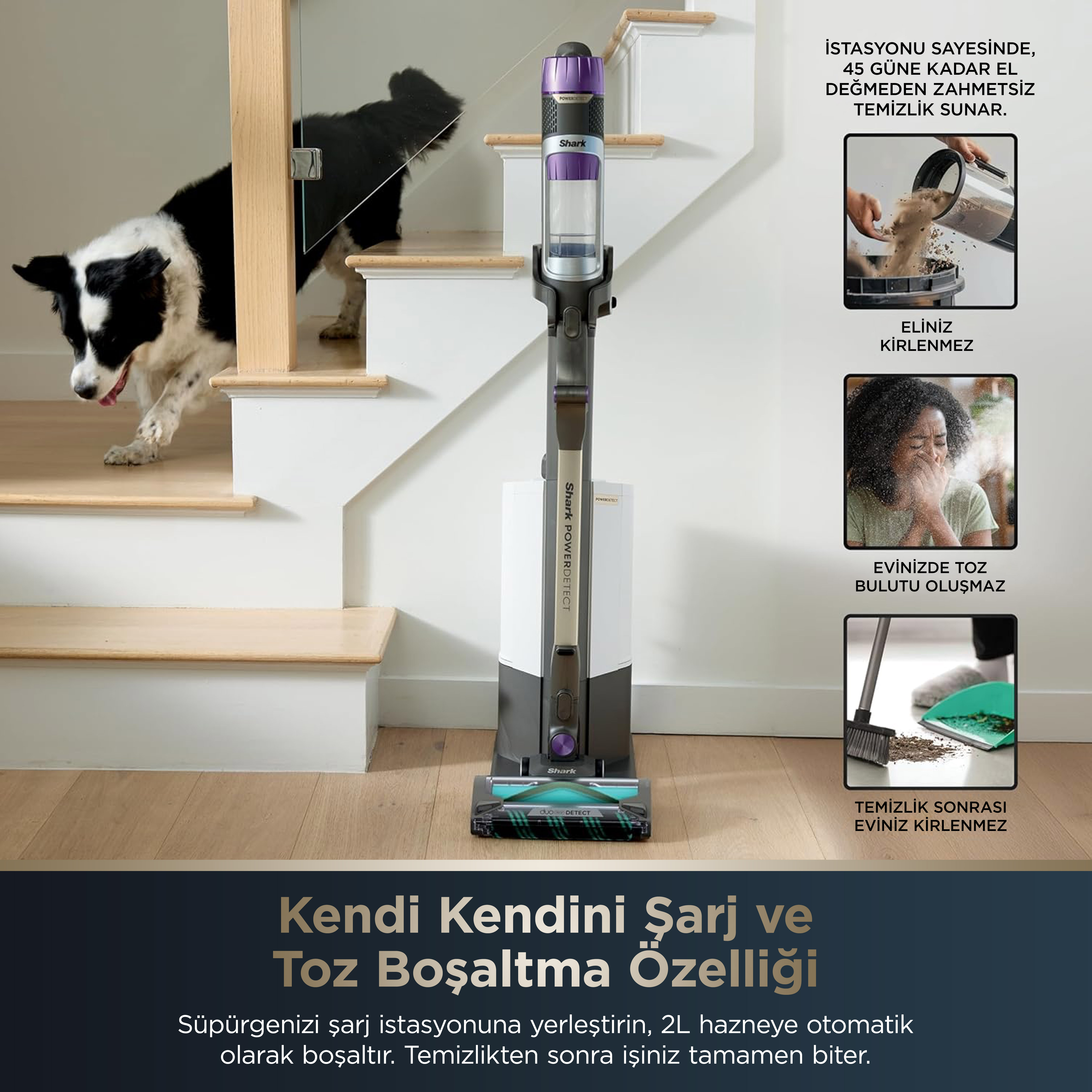 Merdivenlerde bir köpek ile kablosuz bir elektrikli süpürge. Metin, kendi kendini şarj etme ve toz giderme özelliklerini açıklıyor.