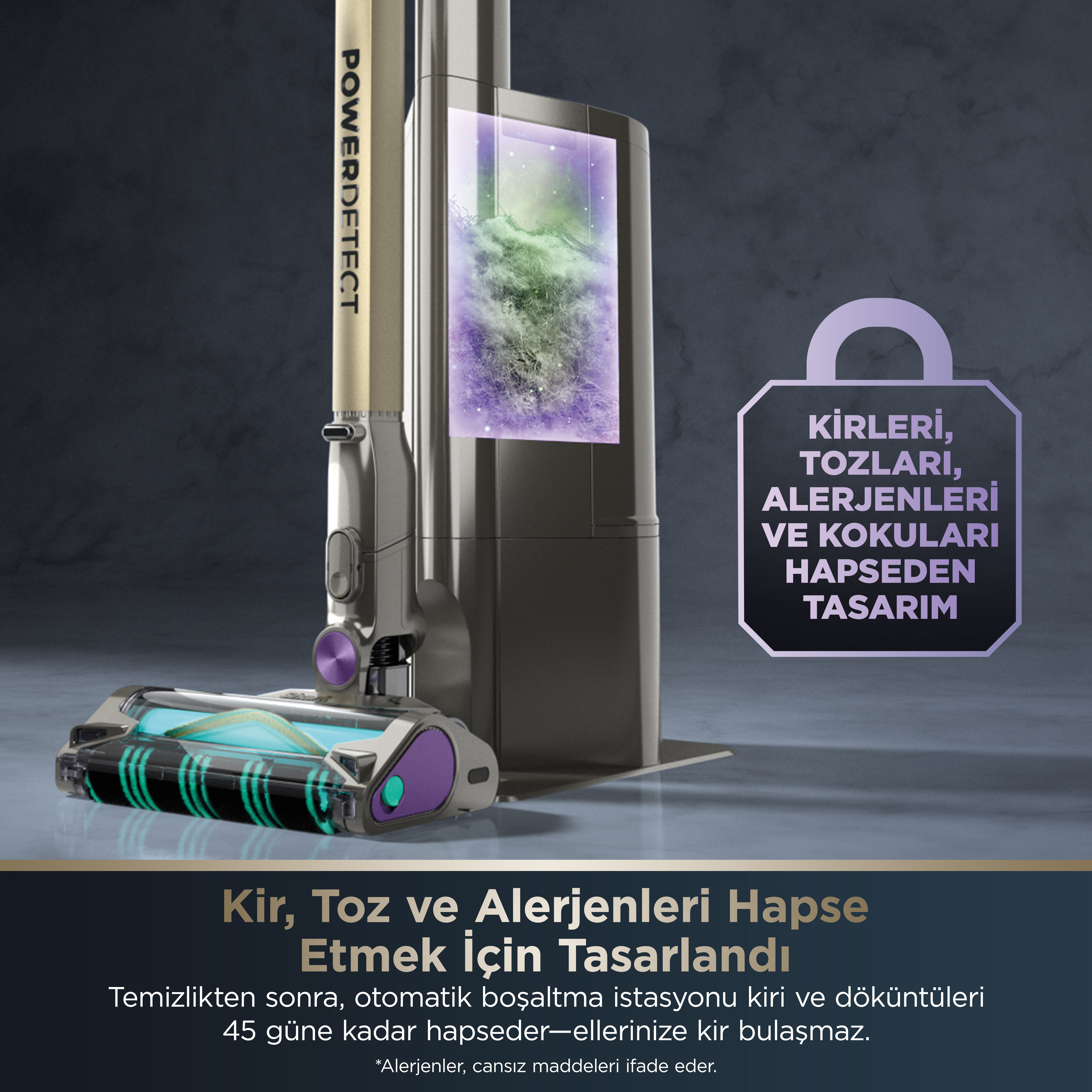 Toz, alerjen ve kokuları hapseden bir vakum temizleyici.
