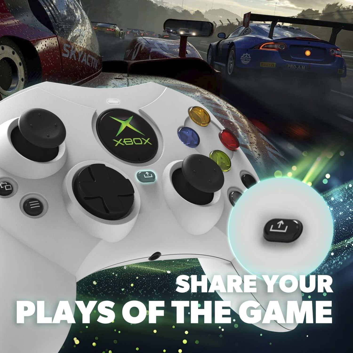 Ein weißer Xbox-Controller mit spielbezogenen Bildern im Hintergrund.