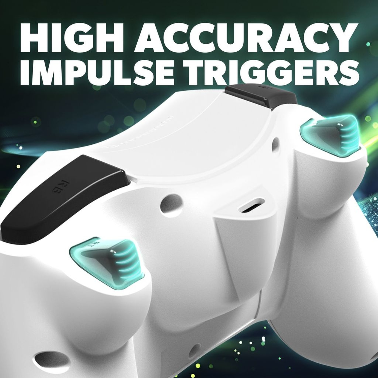 Weißer Gamecontroller mit schwarzen Akzenten. Text: High Accuracy Impulse Triggers.