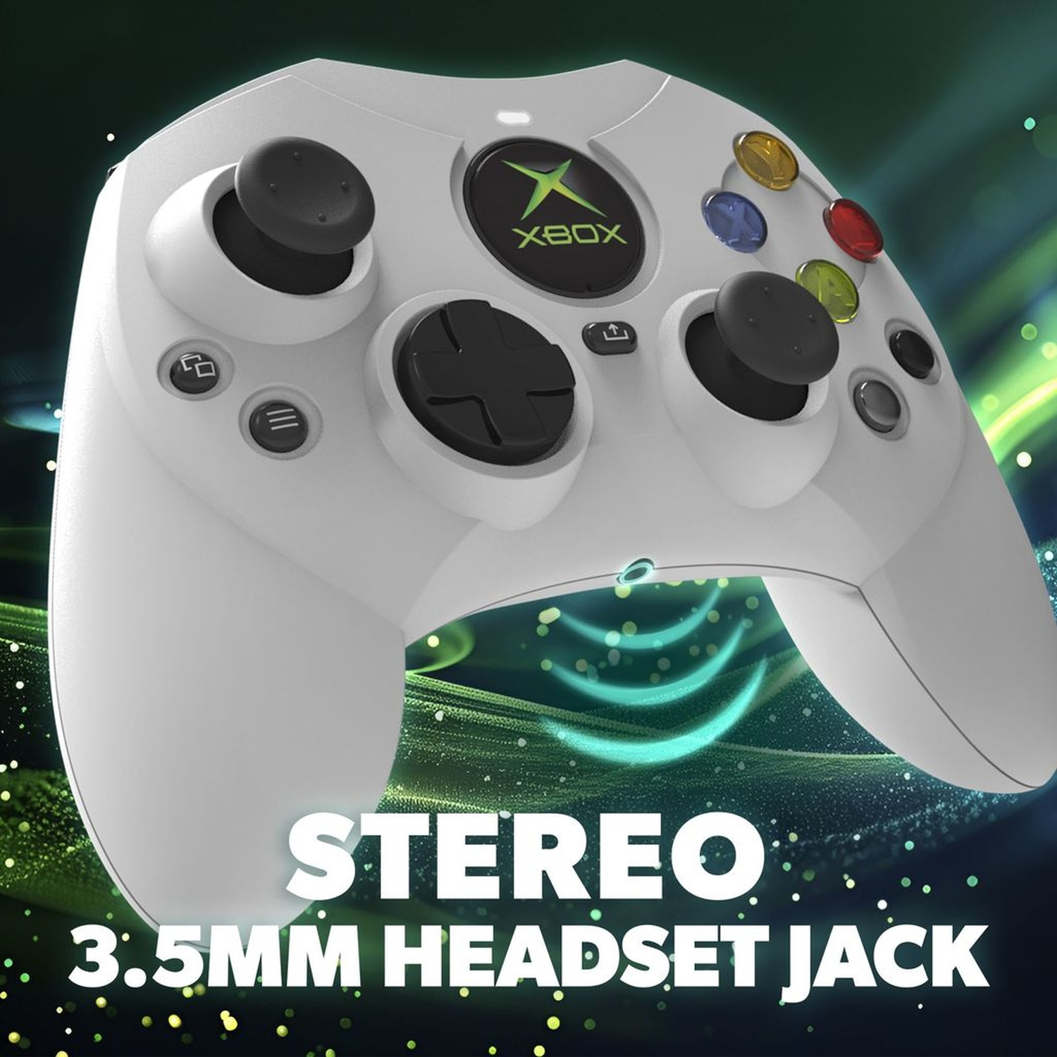 Weißer Xbox-Controller mit schwarzen Tasten, inkl. 3,5-mm-Kopfhöreranschluss. Mit Steuerkreuz und Joysticks.