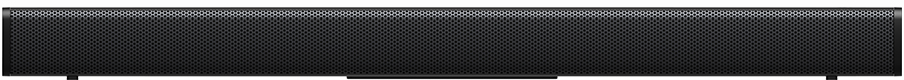 Une longue barre de son noire avec une façade en mesh, vue de face.
