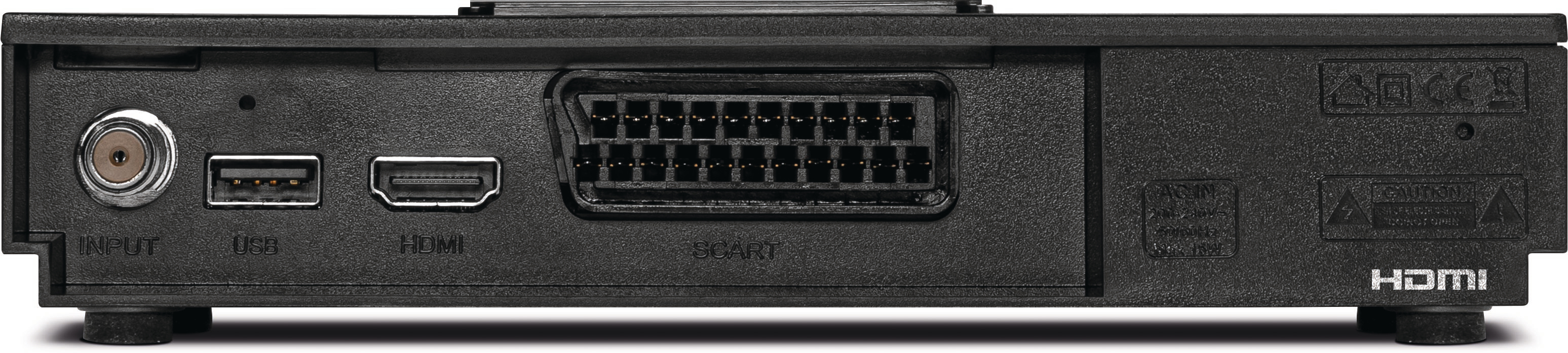 Rückseite eines schwarzen Geräts mit mehreren Anschlüssen: Input, USB, HDMI, SCART, HDMI.