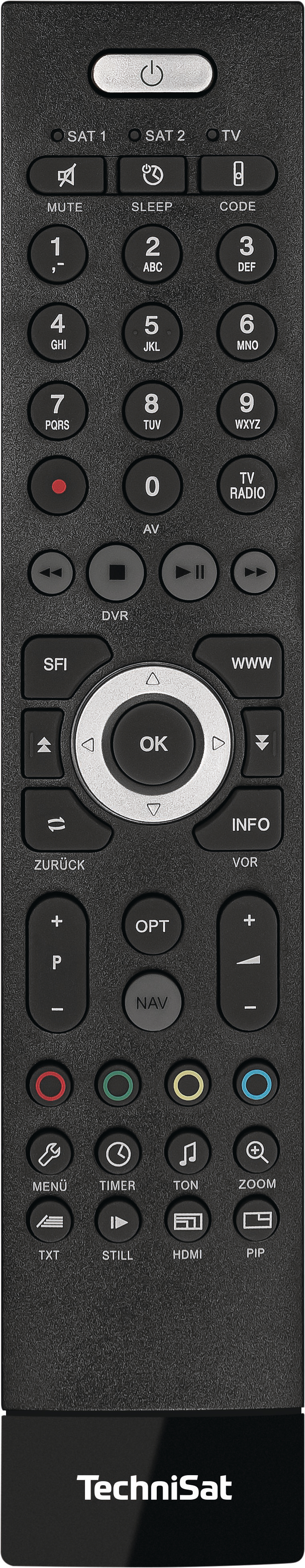 Schwarze Fernbedienung mit vielen Knöpfen. Text: TechniSat unten.