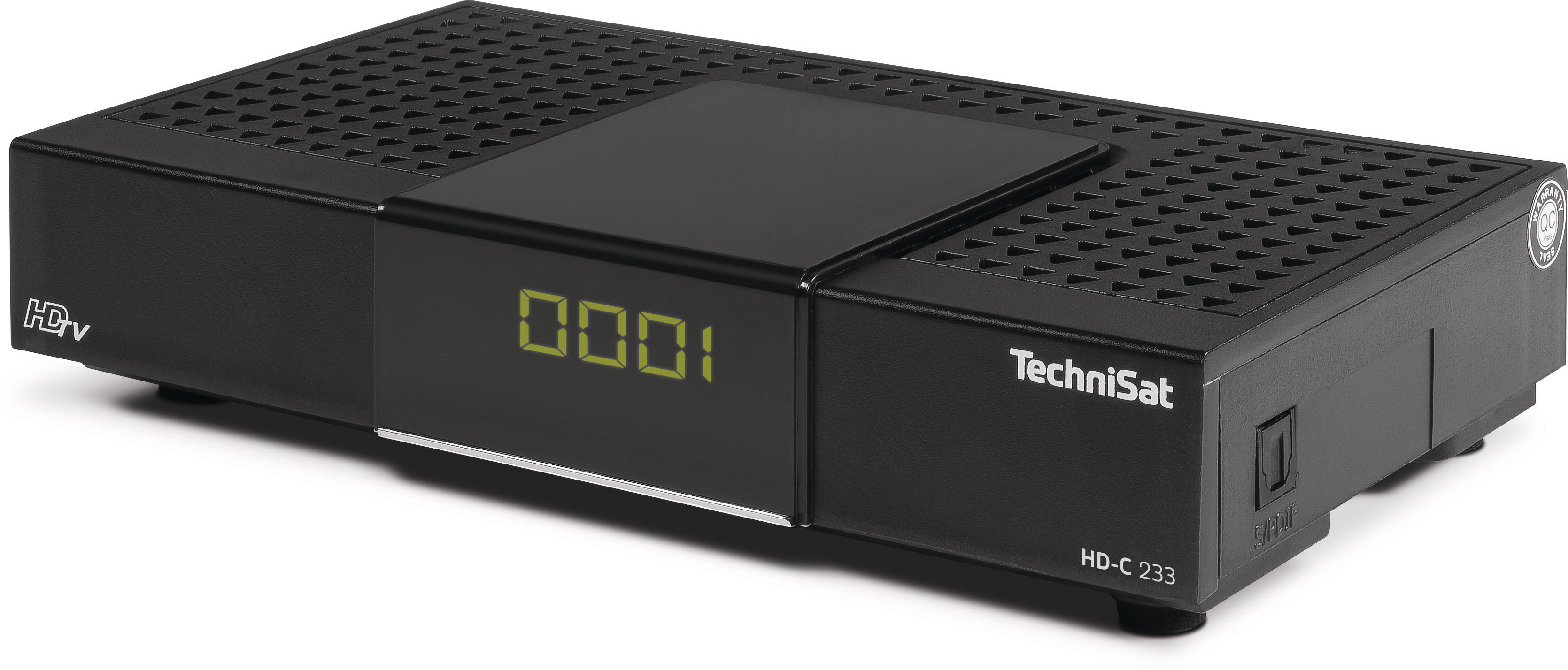Ein schwarzer TechniSat HD-C 233 Receiver mit digitaler Anzeige.