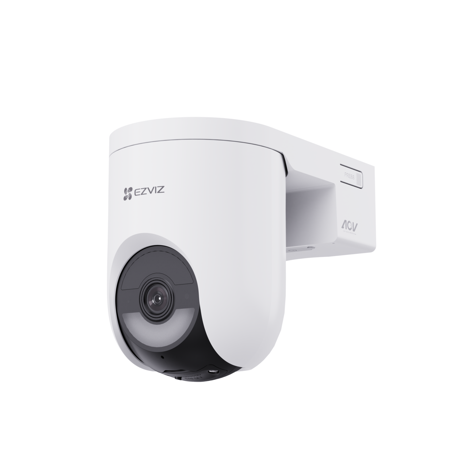 White security camera. Black lens and details. White mount. Black background.