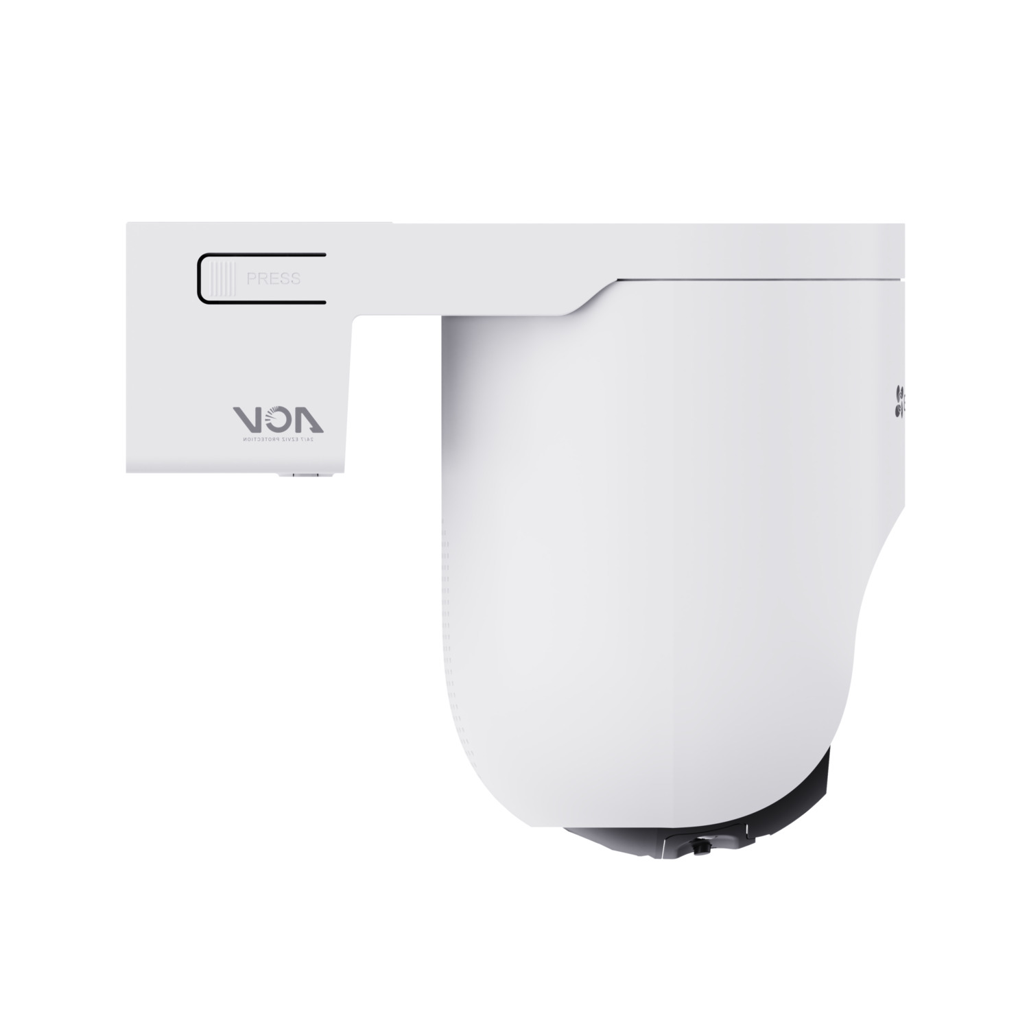 A white VOA security camera, side view. Press button labeled and angled shape.