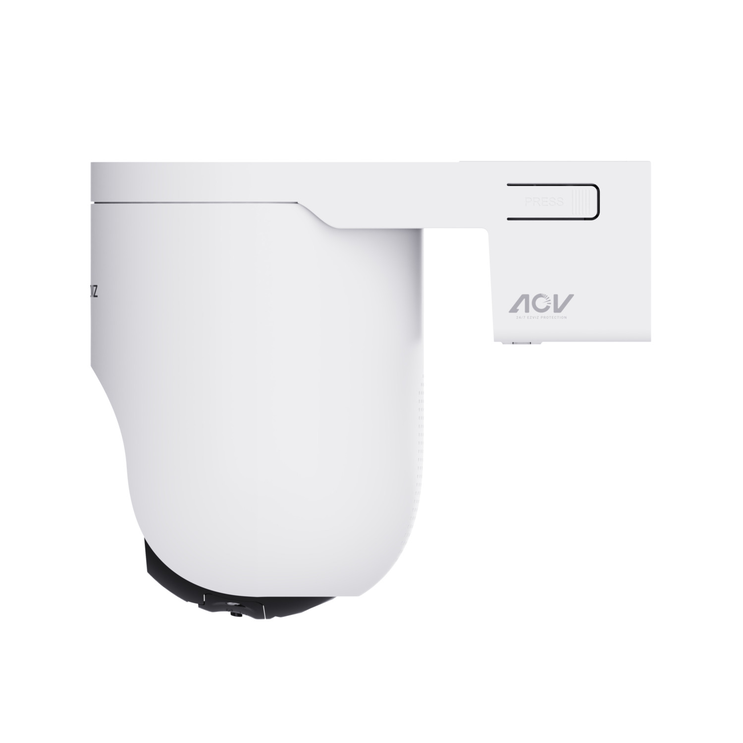 White security camera with a 'PRESS' button. The letters 'ACV' are visible.