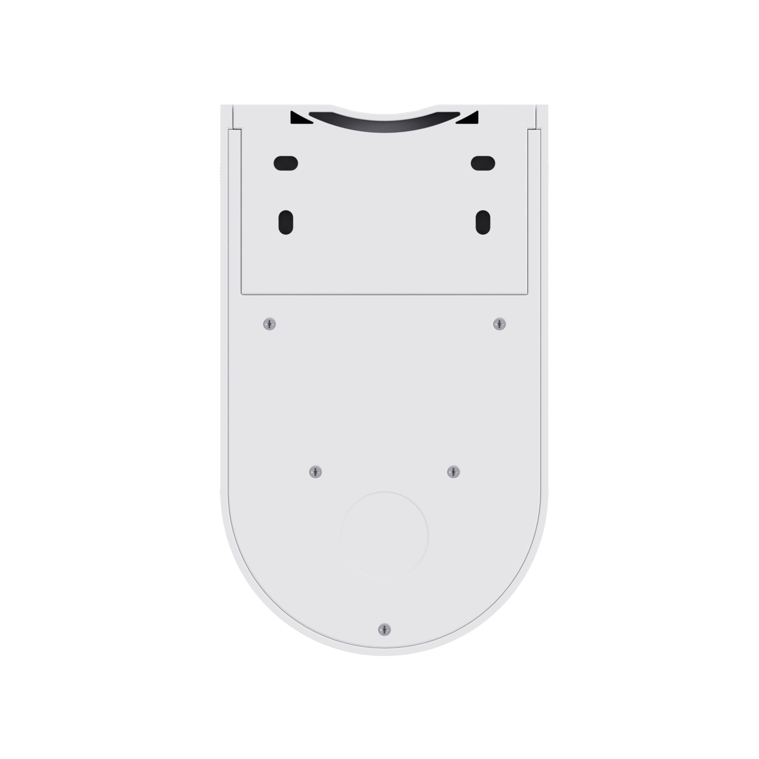 A white device's bottom with mounting holes and screws visible.