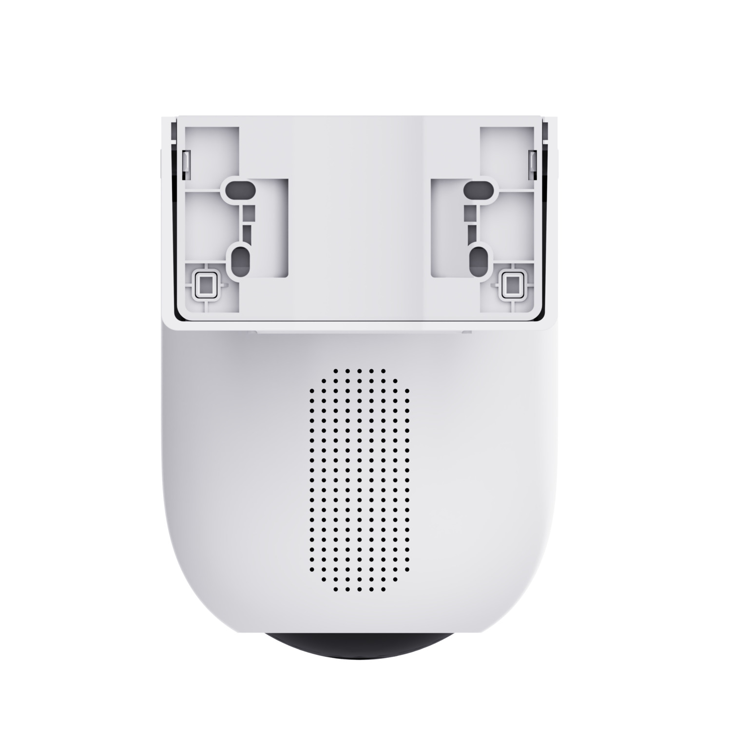A white security camera with black details, facing down.
