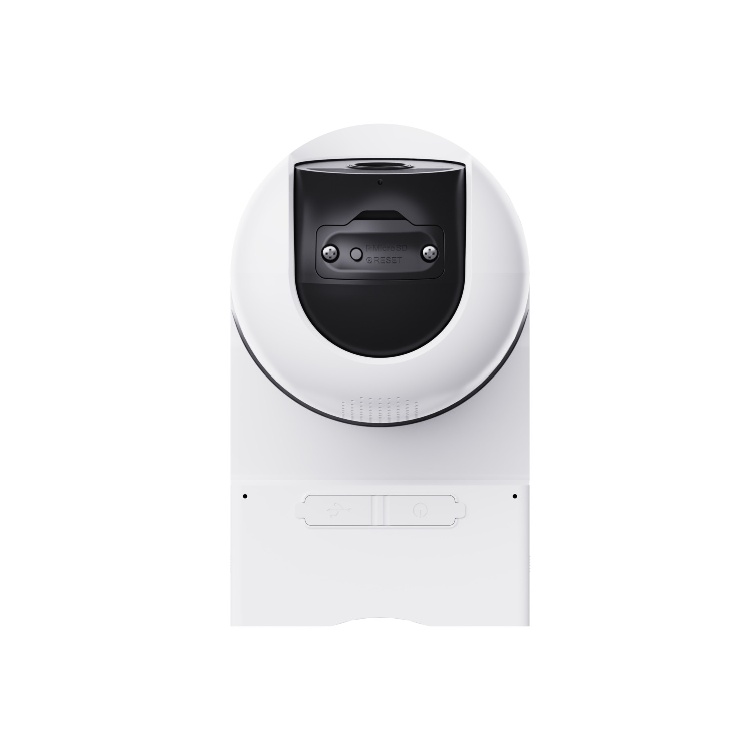 White security camera, top view. Black lens area.