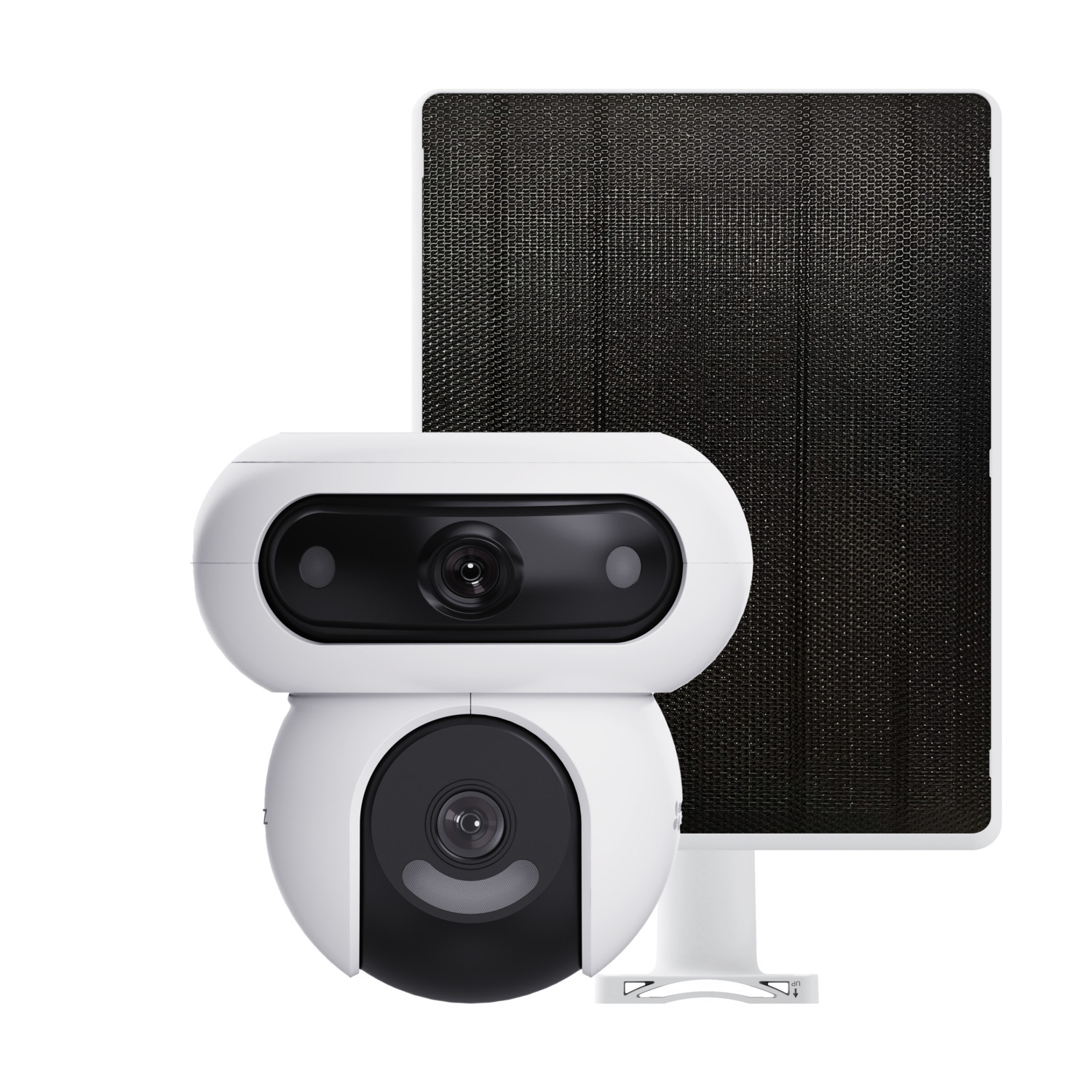 White security camera with a solar panel.