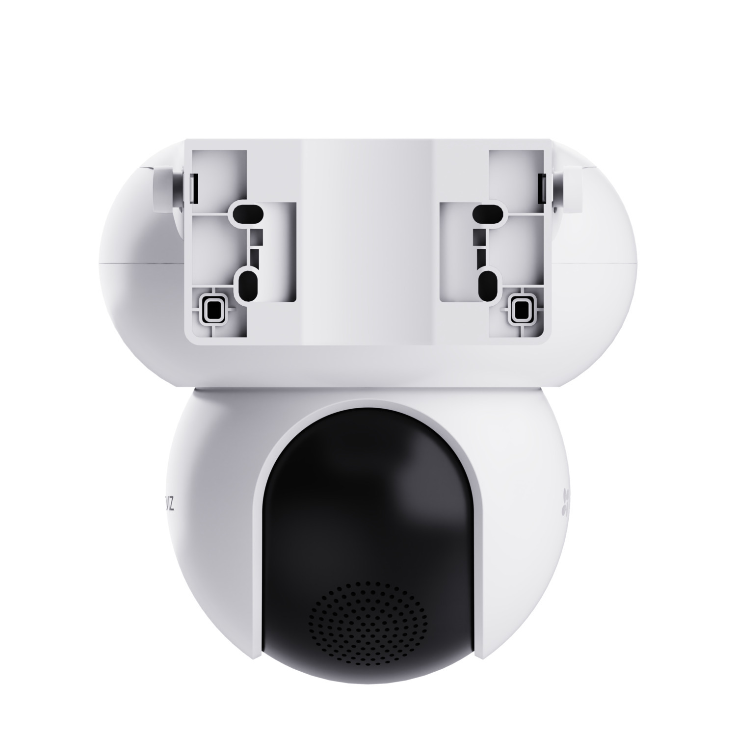 A white security camera, bottom view. Lens and speaker. White housing.