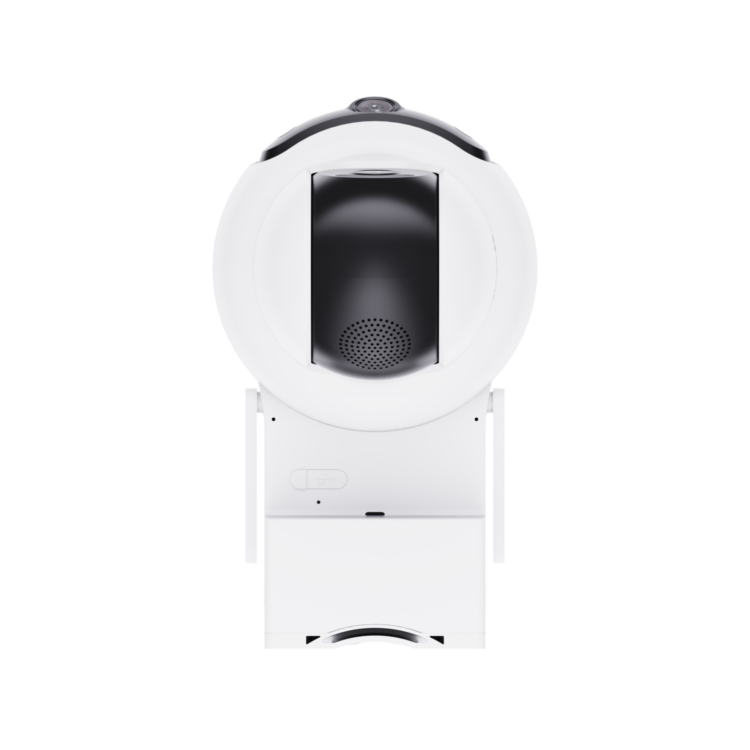 White and black security camera, front view. It has a lens, microphone and speaker.