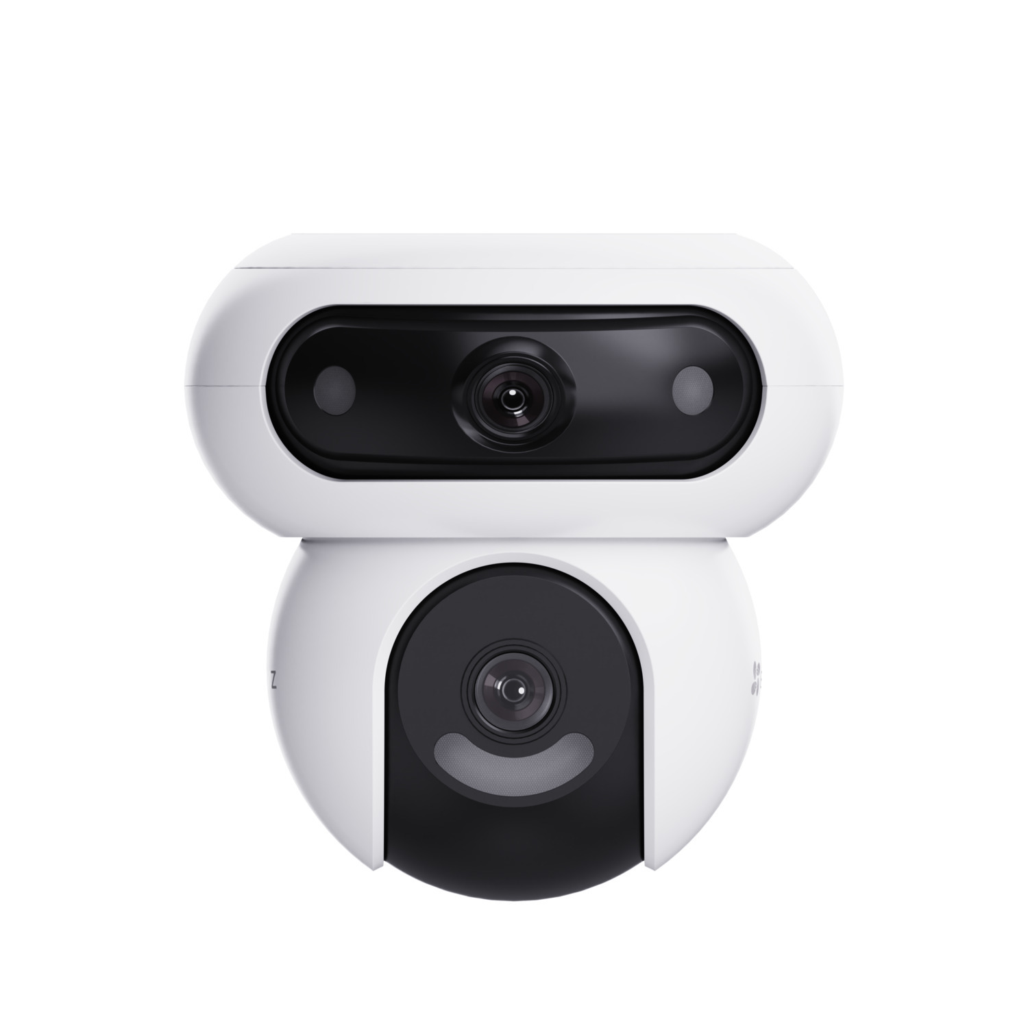 White security camera with two black lenses. It's a rounded design, with a modern look.