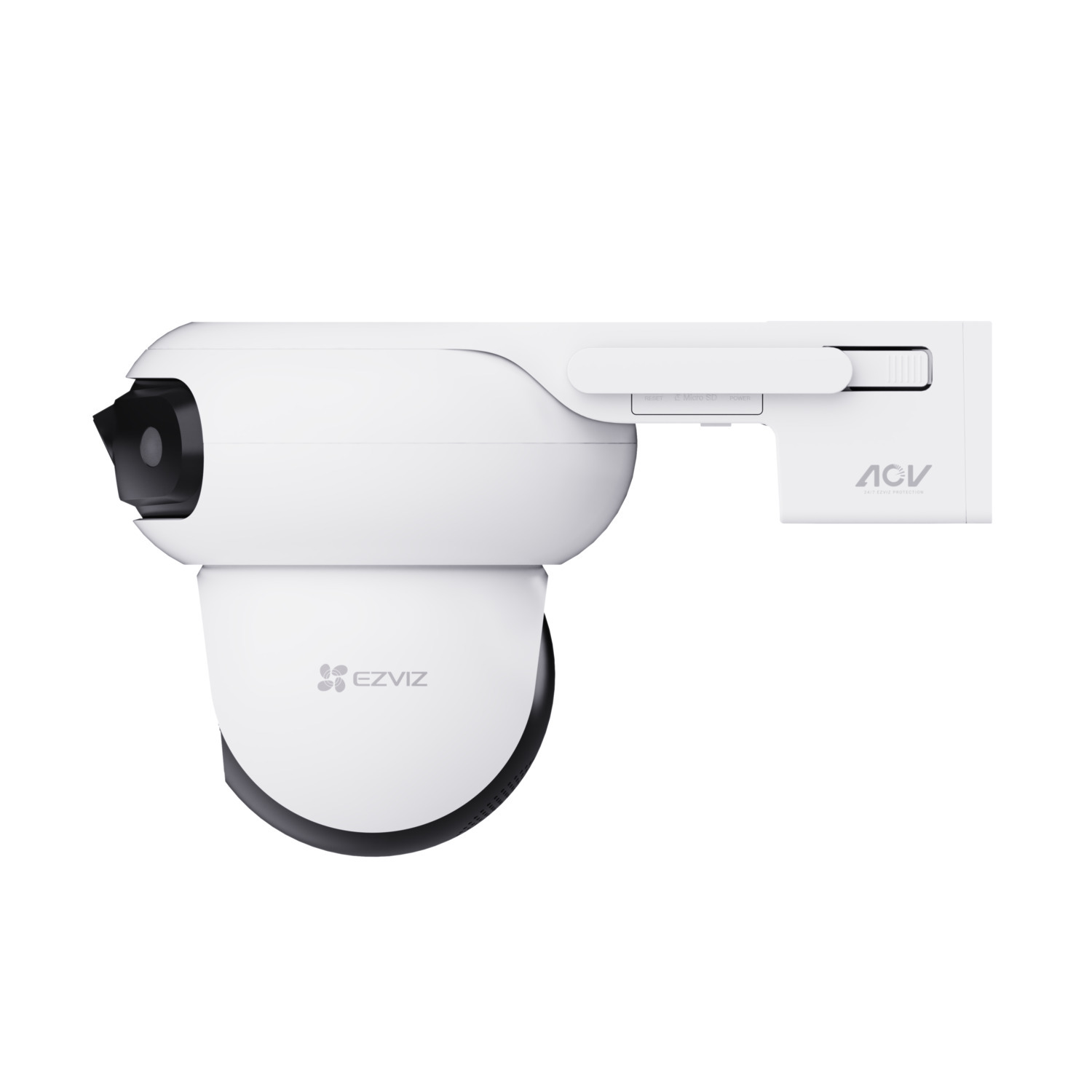 White security camera with a black lens and the EZVIZ logo. It is mounted on a white surface.