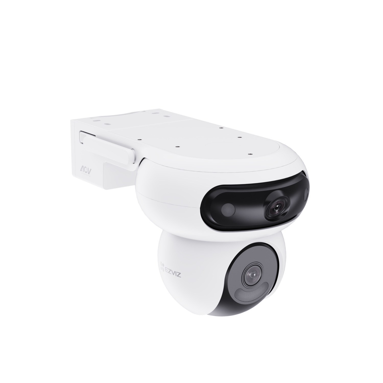 White security camera with a black lens, mounted on a white wall.