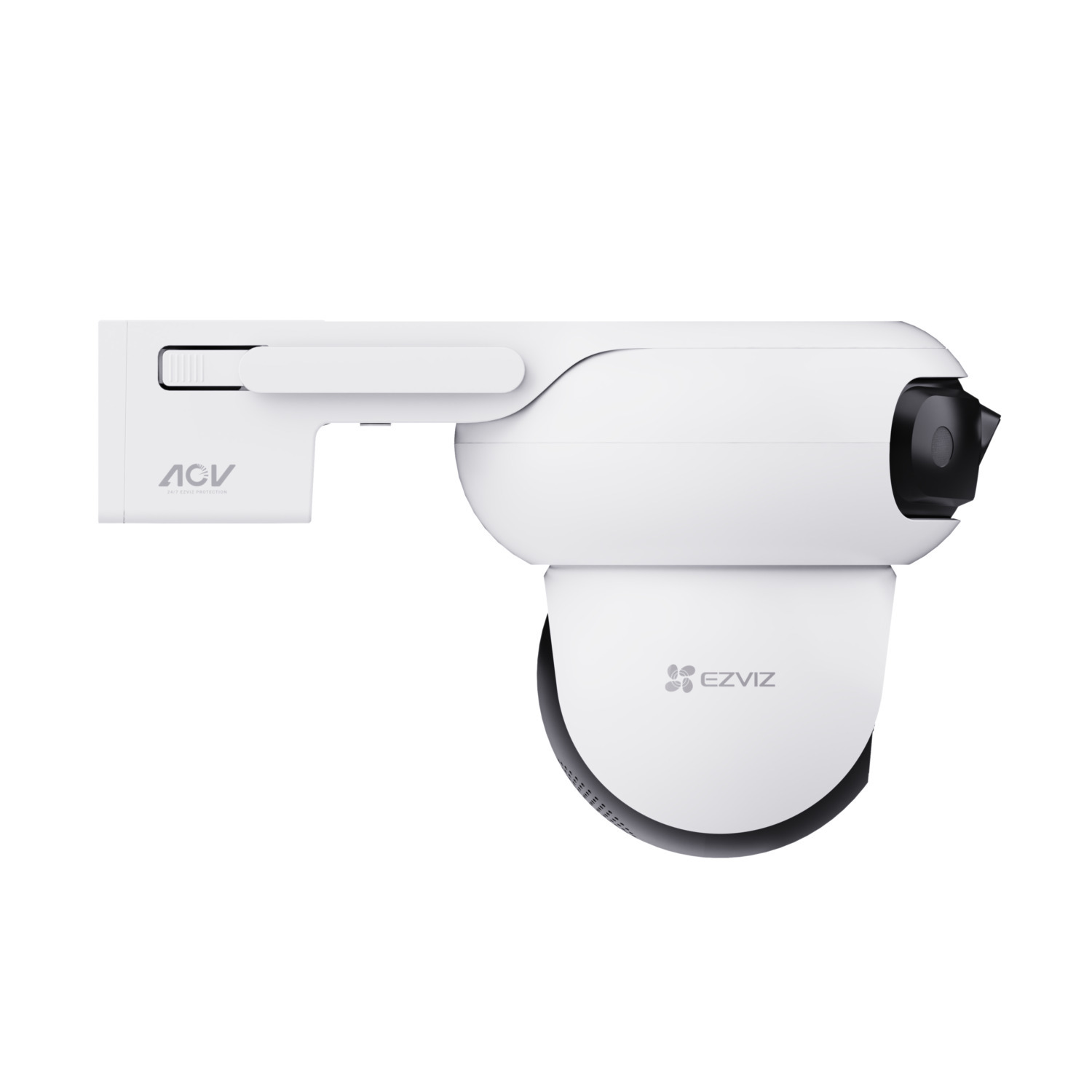 White security camera with an arm, attached to a wall.