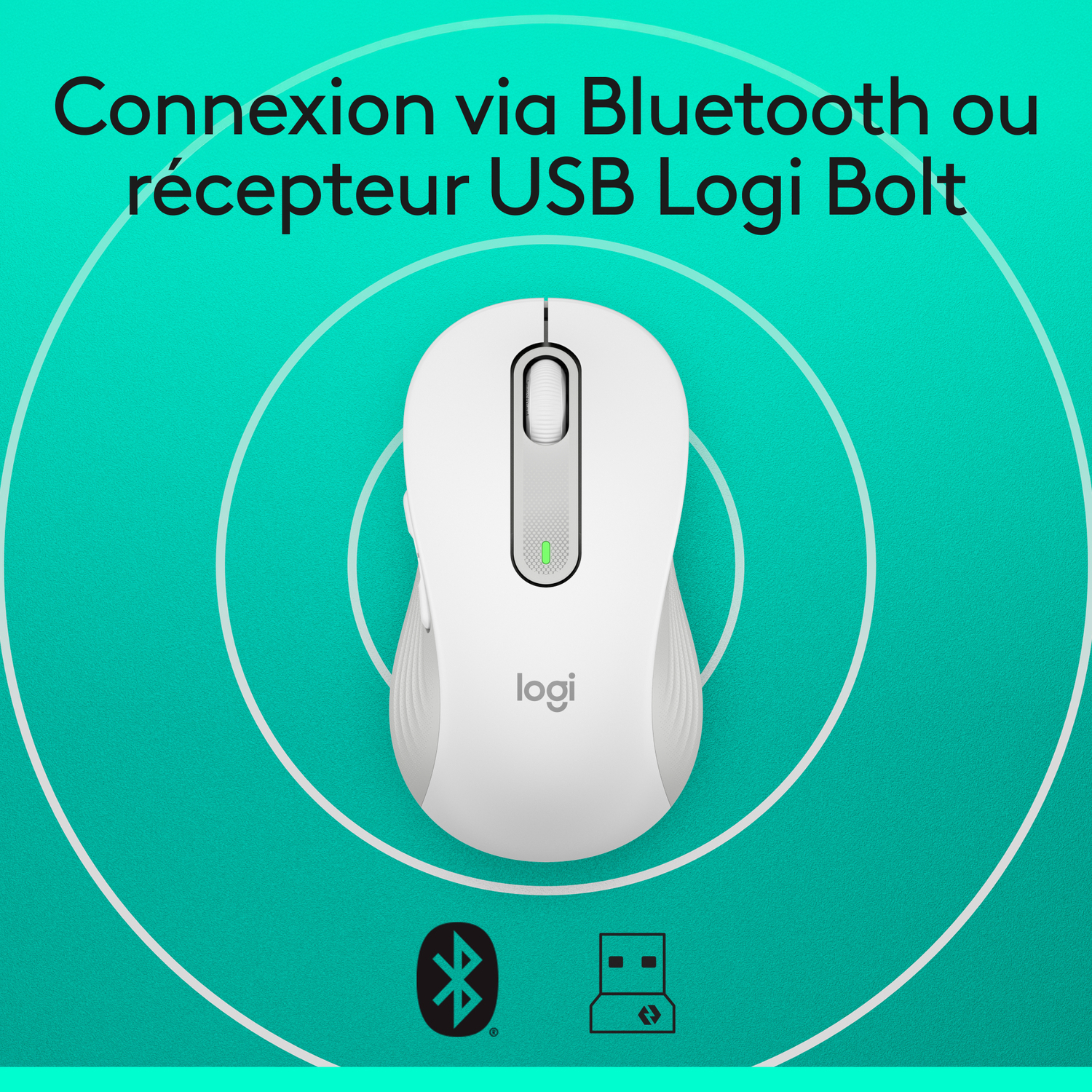 Souris blanche avec lumière verte, avec texte au-dessus : Connexion via Bluetooth ou USB Logi Bolt.