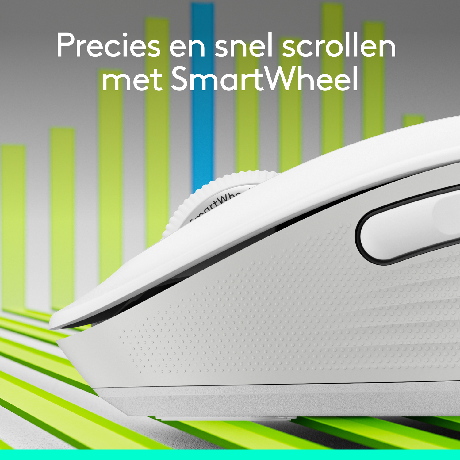 White mouse with a scroll wheel and a side button, with a background of green and blue bars.