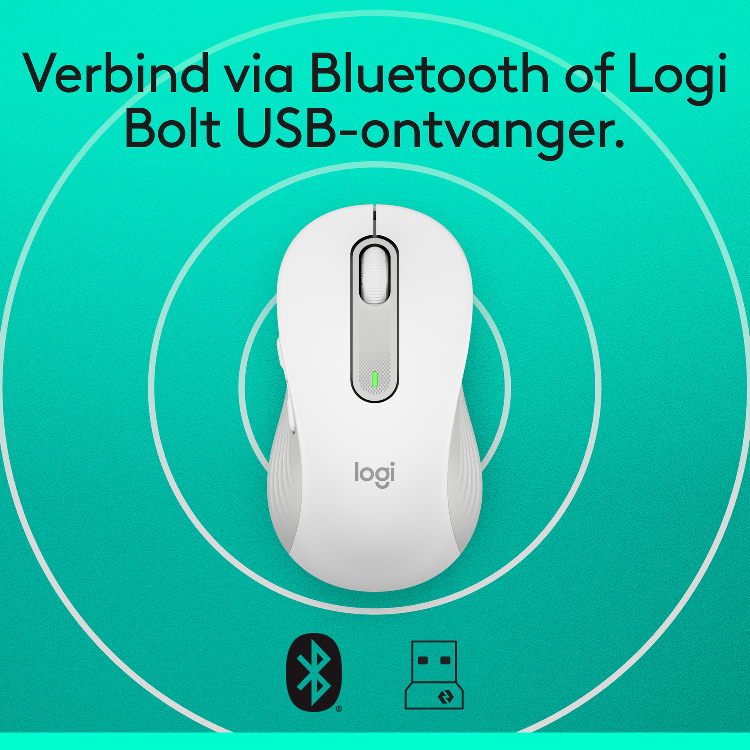 White mouse on teal background. Bluetooth and USB icons. Logitech logo. Text: Connect via Bluetooth.